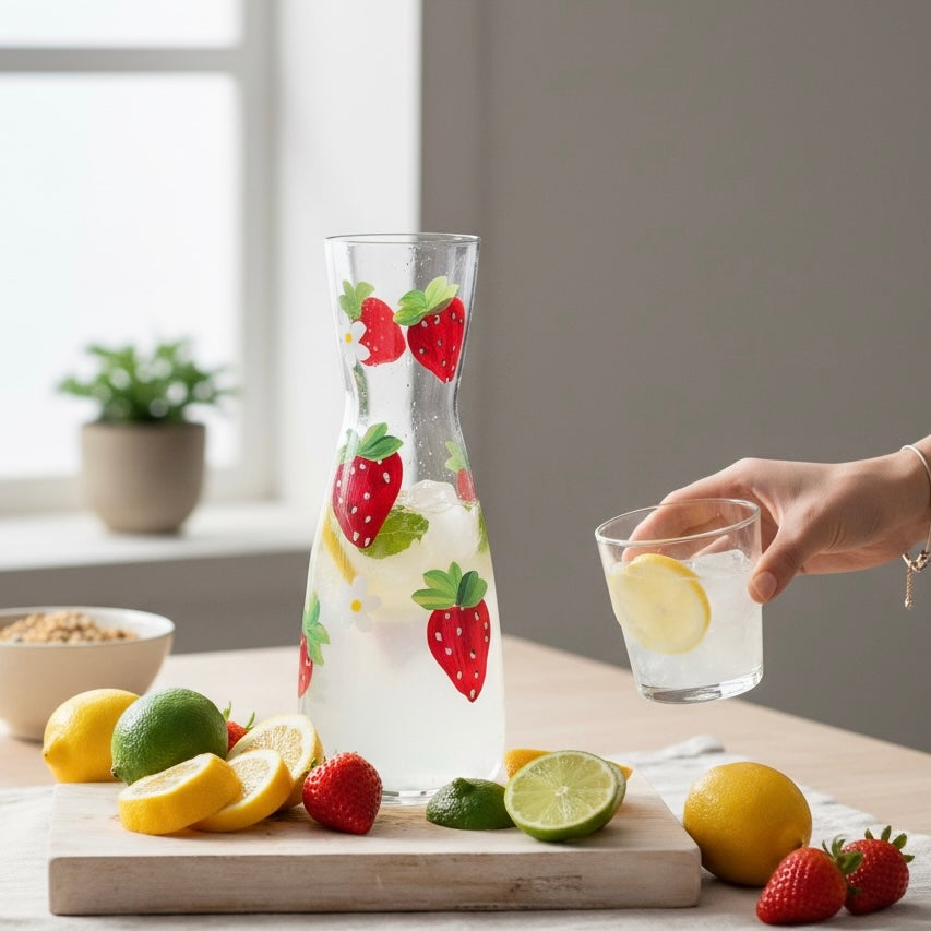 Hand-Painted Strawberry & Daisy Carafe / Vase
