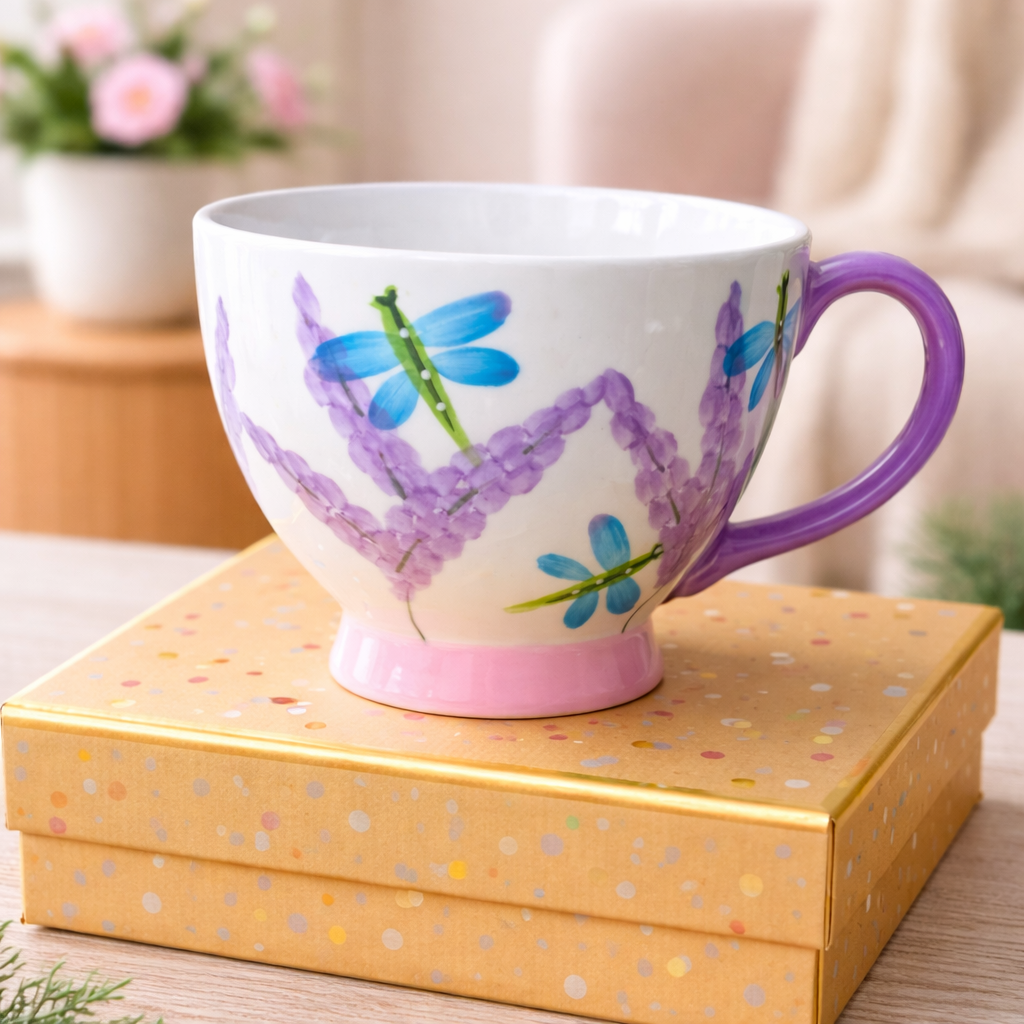 Hand-Painted Dragonfly Fine China Mug Set