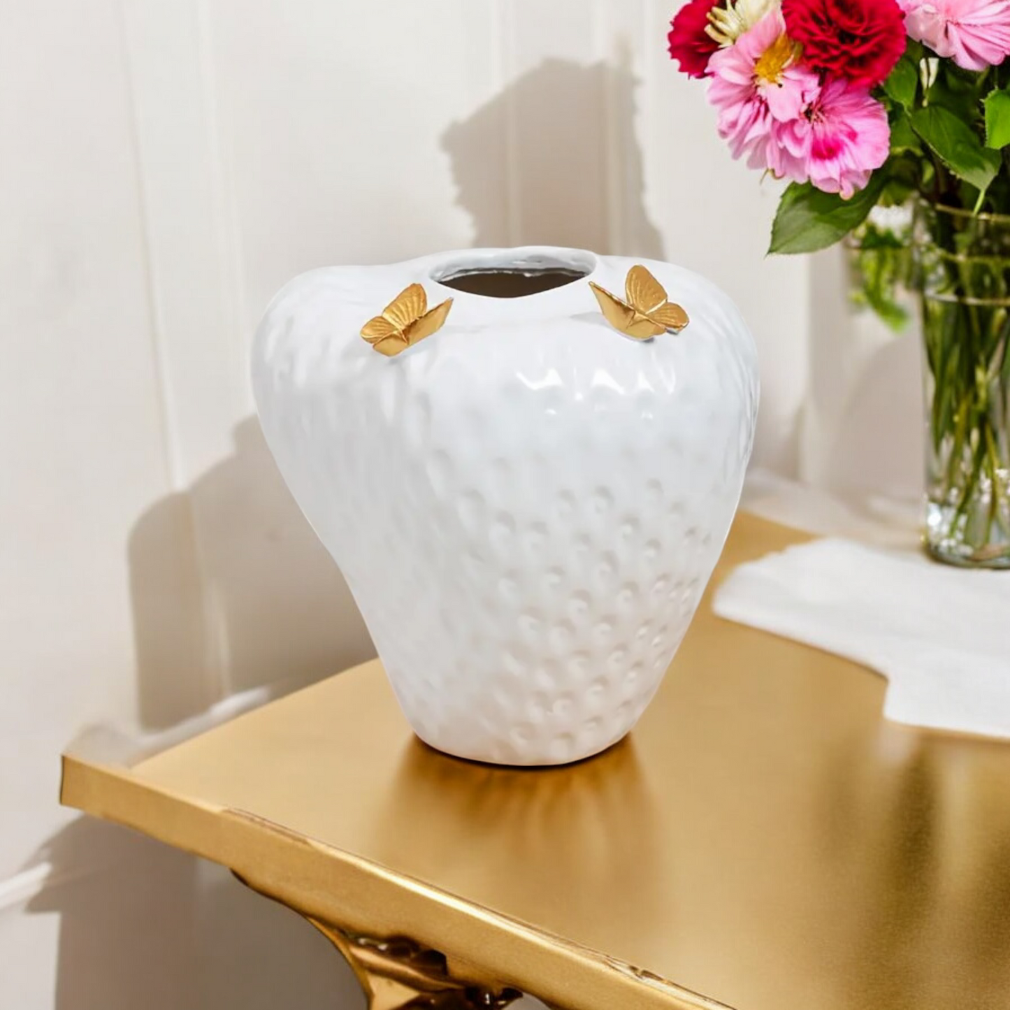 Strawberry Vase With Gold Butterflies