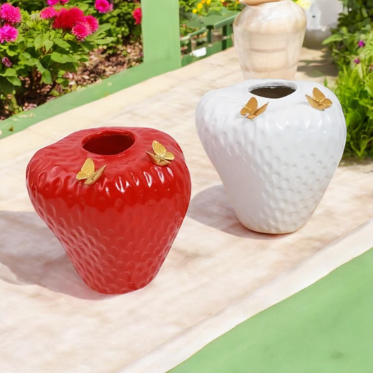Strawberry Vase With Gold Butterflies