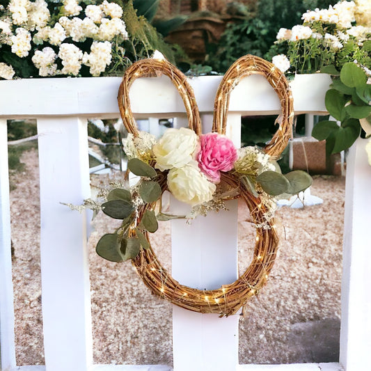 Light Up Rattan Carnation Bunny Wreath