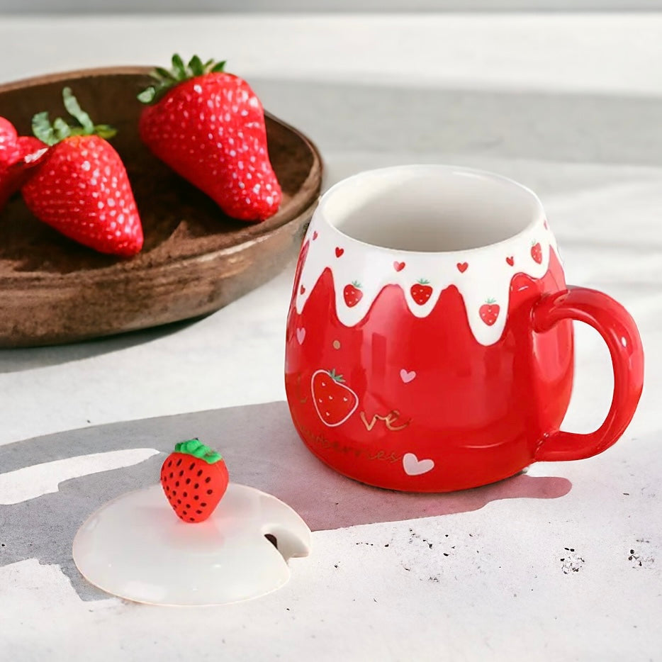 Strawberry Desert Mug With Lid & Spoon