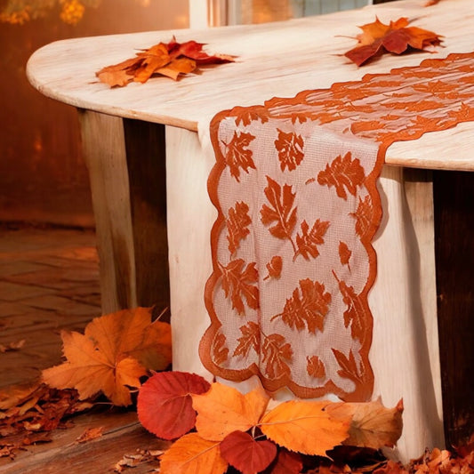 Burnt Orange Lace Leaf Autumn Table Runner