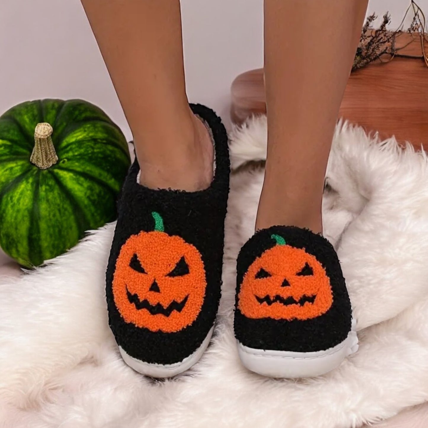 Plush Pumpkin Halloween Family Slippers
