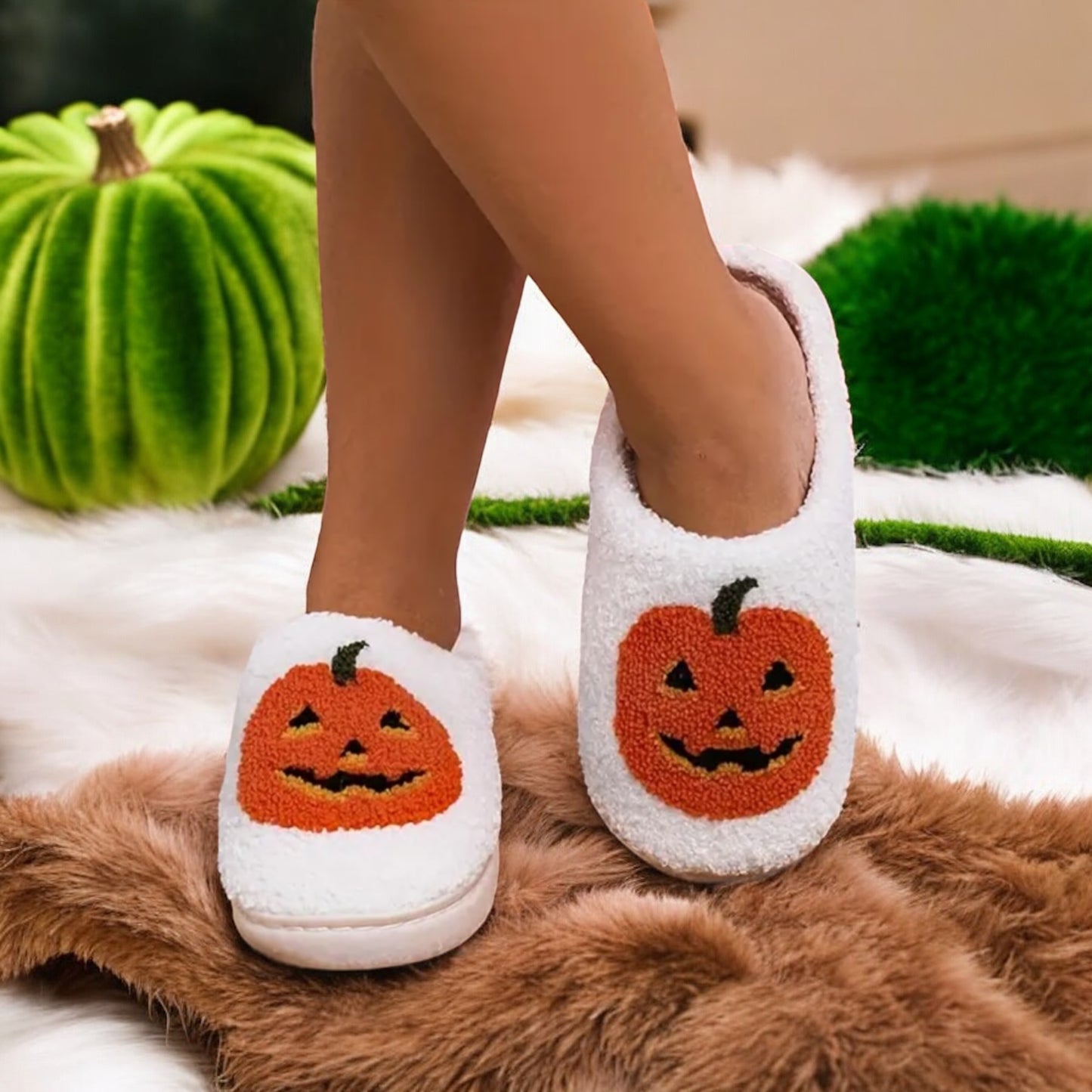 Plush Pumpkin Halloween Family Slippers