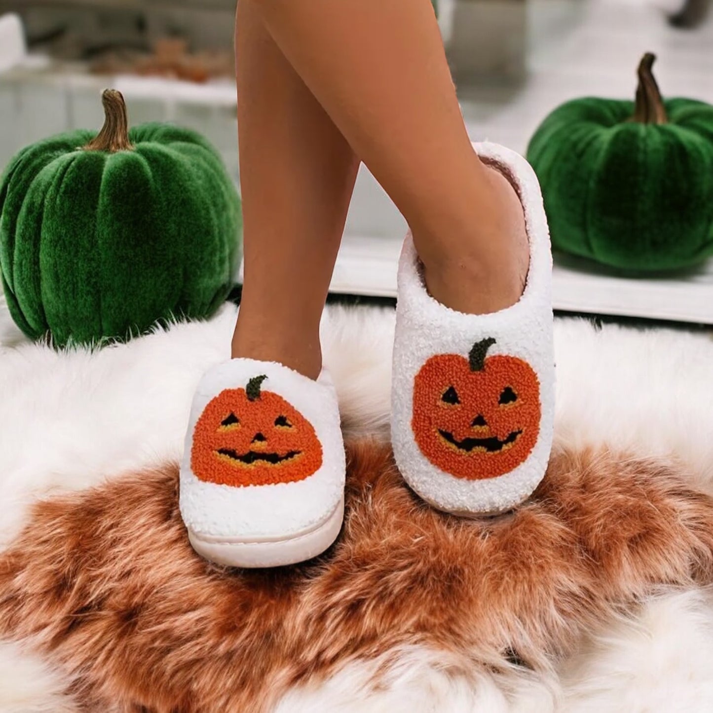 Plush Pumpkin Halloween Family Slippers