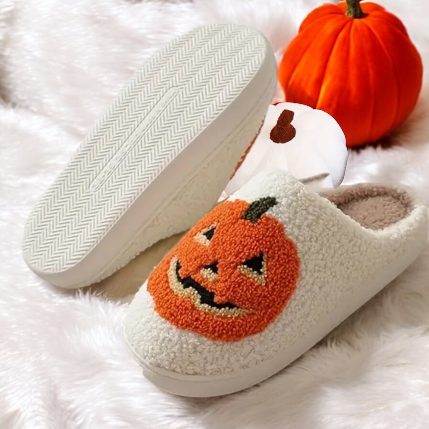 Plush Pumpkin Halloween Family Slippers