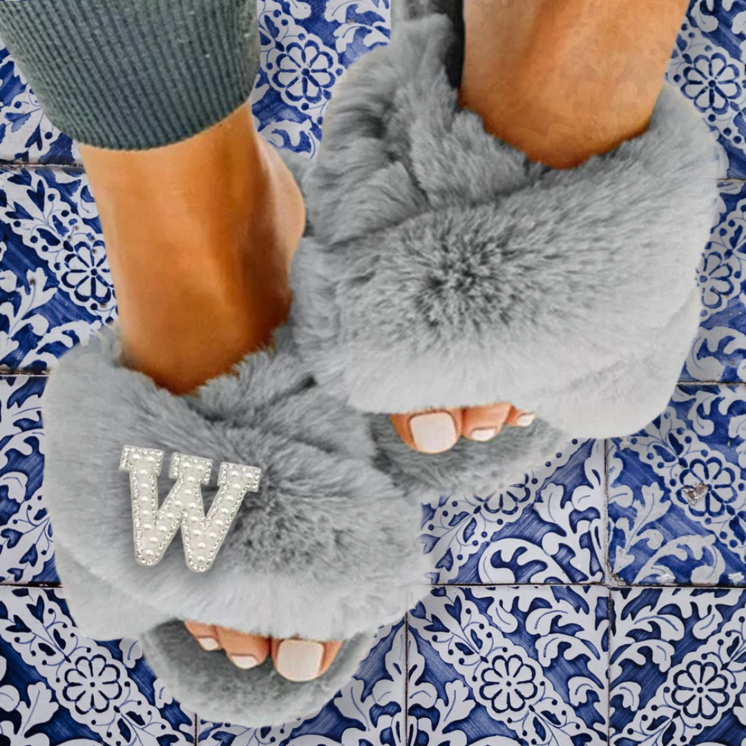 Customised Grey Faux Fur ‘ 𝓕𝓻𝓪𝓷𝓴𝓲𝓮‘ Slippers. - Pretty Little Presents