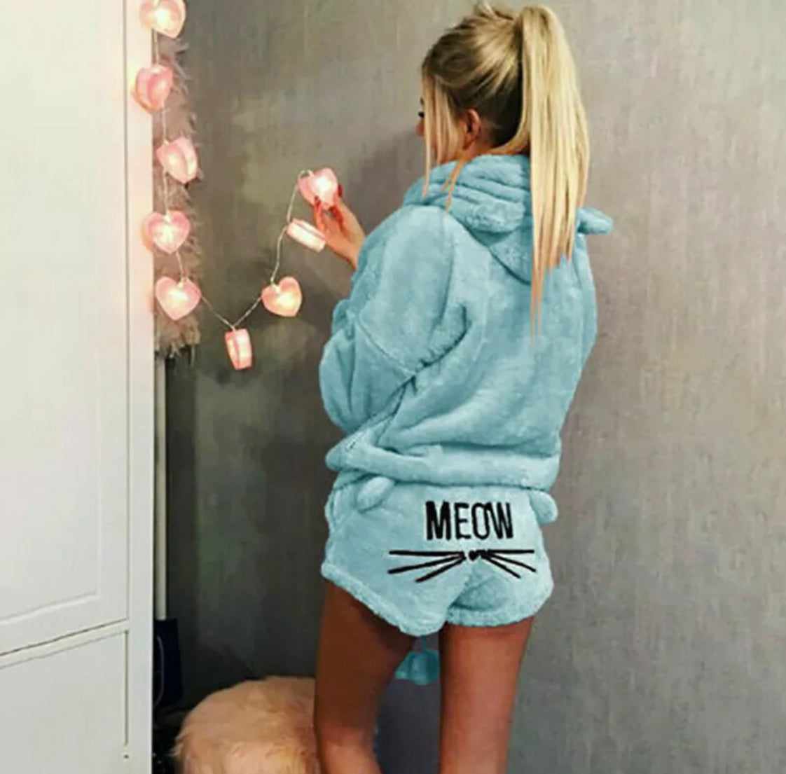 Cute & Cosy 2 Piece Fluffy Fleece Meow Pyjama Set Loungewear
