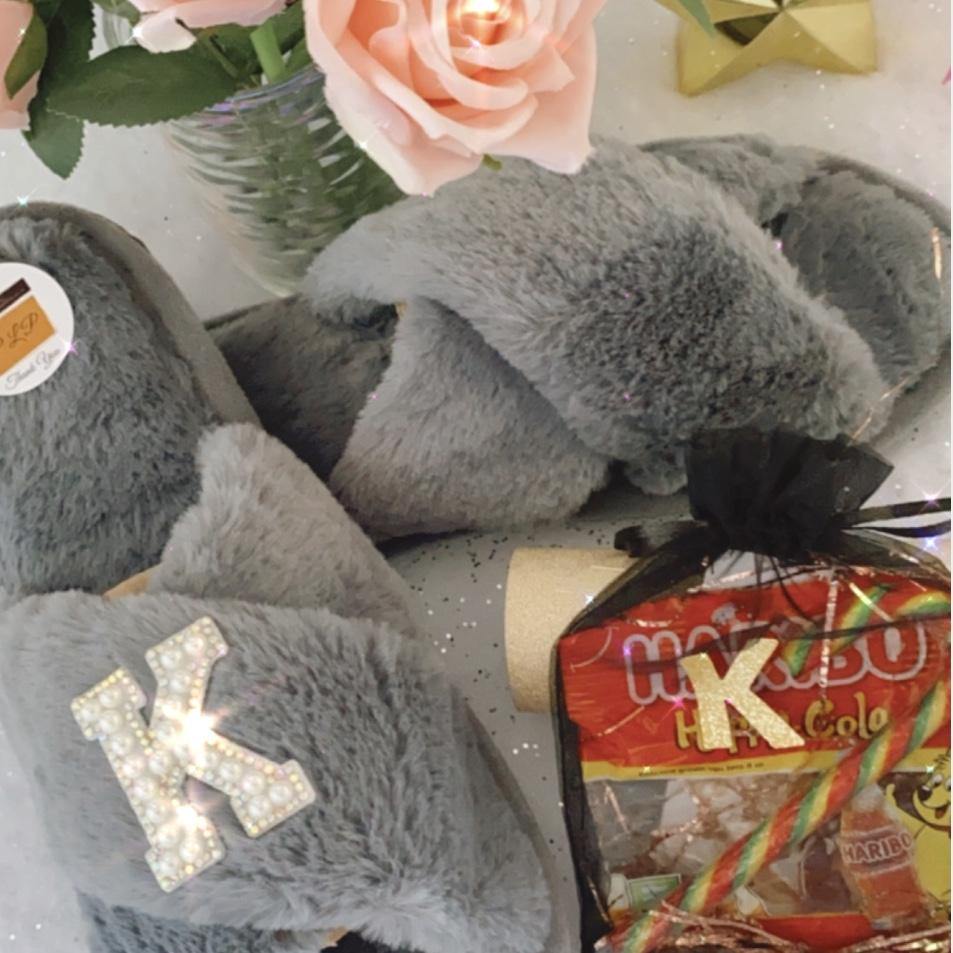 Customised Grey Faux Fur ‘ 𝓕𝓻𝓪𝓷𝓴𝓲𝓮‘ Slippers. - Pretty Little Presents