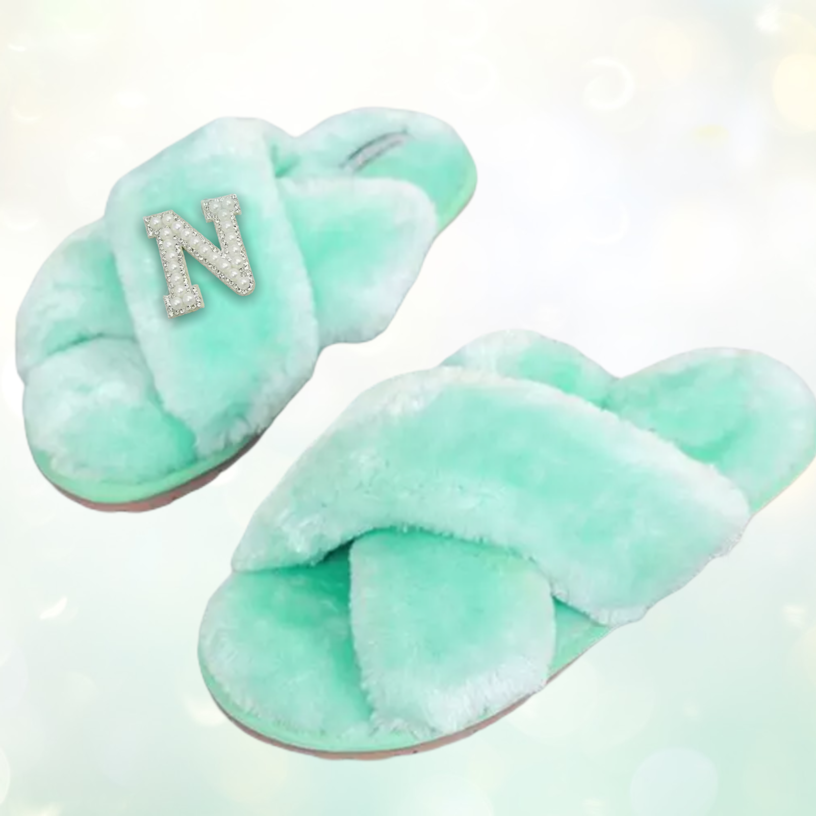 Customised Green  ‘𝓣𝓲𝓪𝓷𝓪‘ Faux Fur Slippers. - Pretty Little Presents