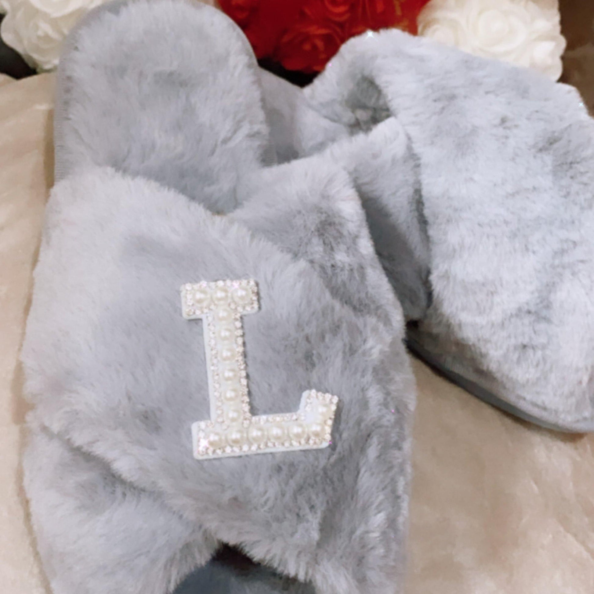 Customised Grey Faux Fur ‘ 𝓕𝓻𝓪𝓷𝓴𝓲𝓮‘ Slippers. - Pretty Little Presents