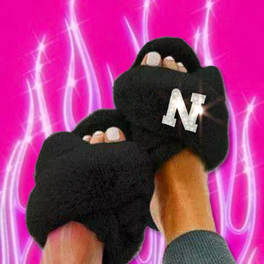 Customised Black Faux Fur ‘ 𝓕𝓻𝓪𝓷𝓴𝓲𝓮‘ Slippers. - Pretty Little Presents