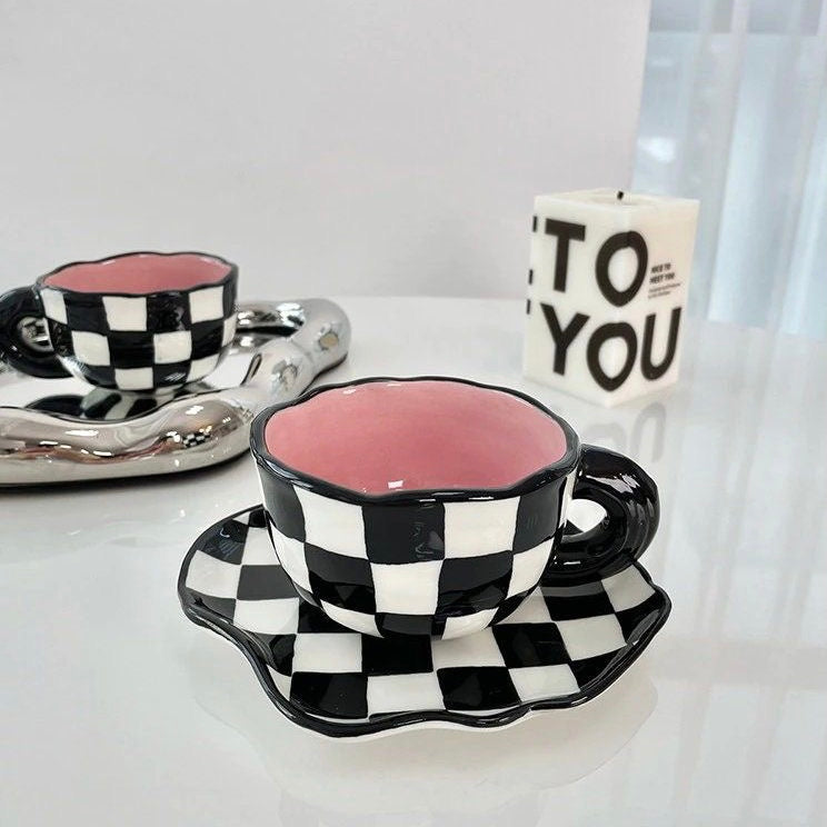 Porcelain Ceramic Checkerboard Cup & Saucer Set |