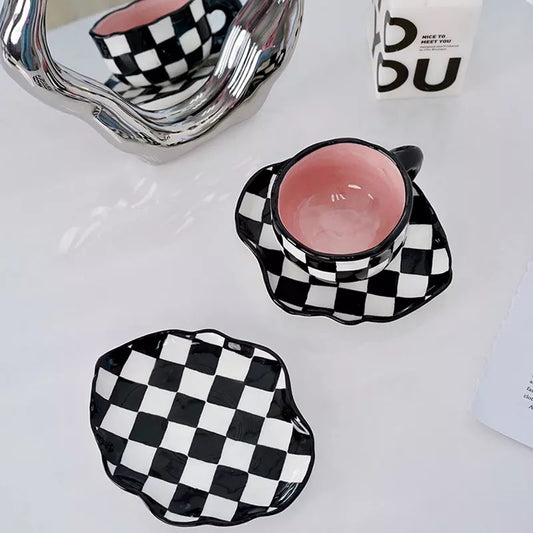 Porcelain Ceramic Checkerboard Cup & Saucer Set |
