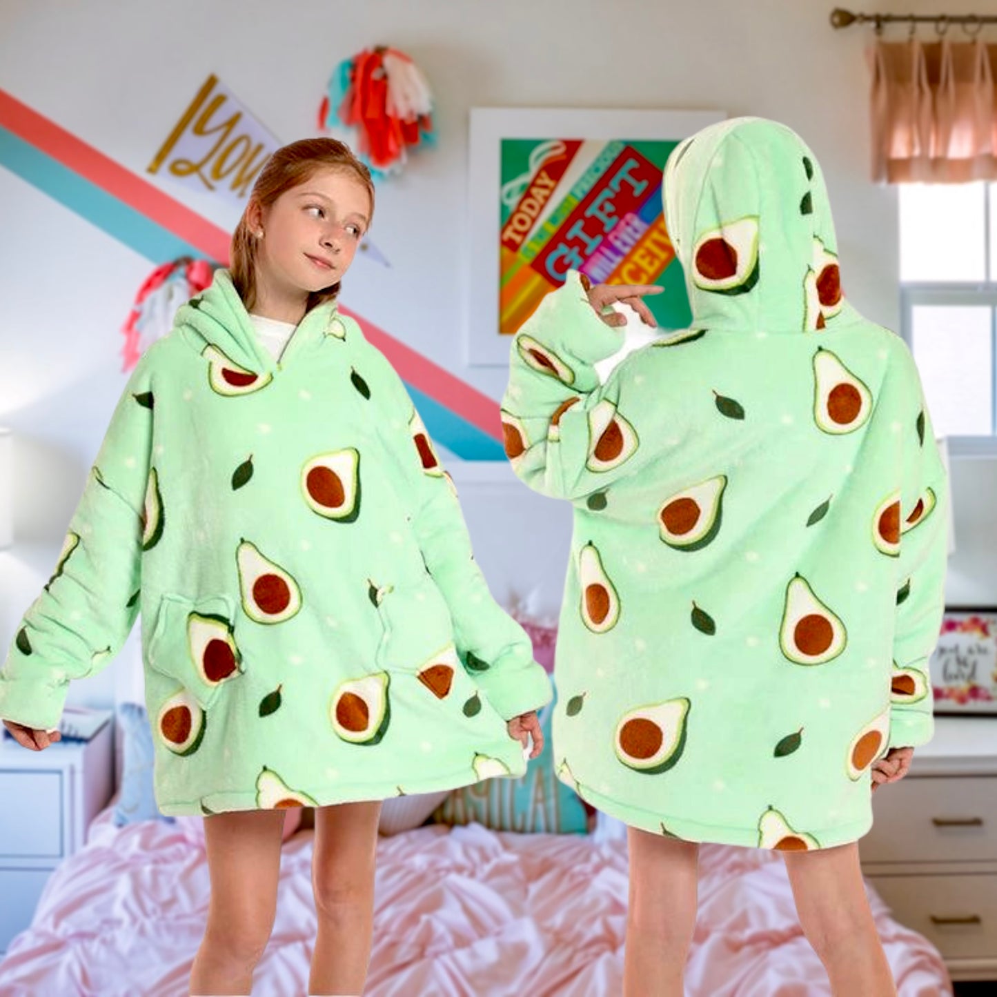 Giant Thick Fluffy Avocado Hoodie Blanket Poncho Matching Mummy & Daughter